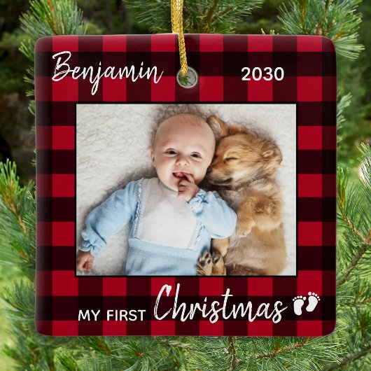 初めてのクリスマスレッドバッファロープレイドかわいいベビー写真 セラミックオーナメント