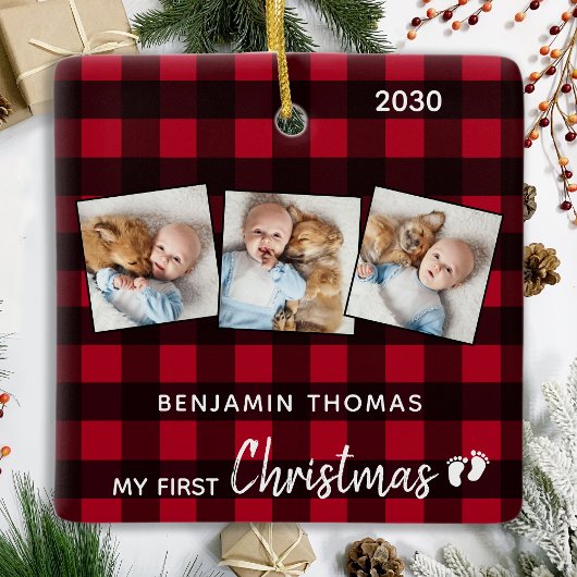 初めてのクリスマスレッドバッファロープレイド3写真ベビー セラミックオーナメント