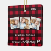 初めてのクリスマスレッドバッファロープレイド3写真ベビー セラミックオーナメント (左)