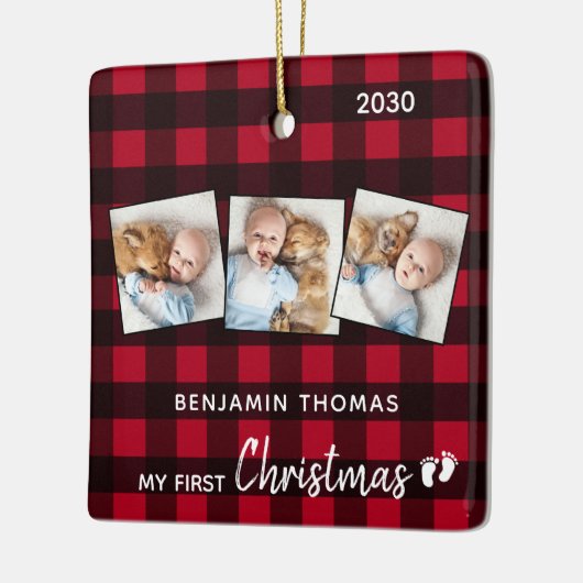初めてのクリスマスレッドバッファロープレイド3写真ベビー セラミックオーナメント (左)