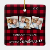 初めてのクリスマスレッドバッファロープレイド3写真ベビー セラミックオーナメント (裏面)
