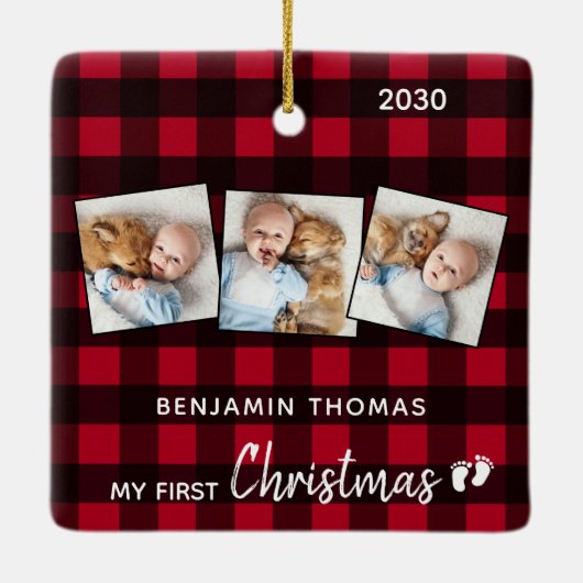 初めてのクリスマスレッドバッファロープレイド3写真ベビー セラミックオーナメント (裏面)