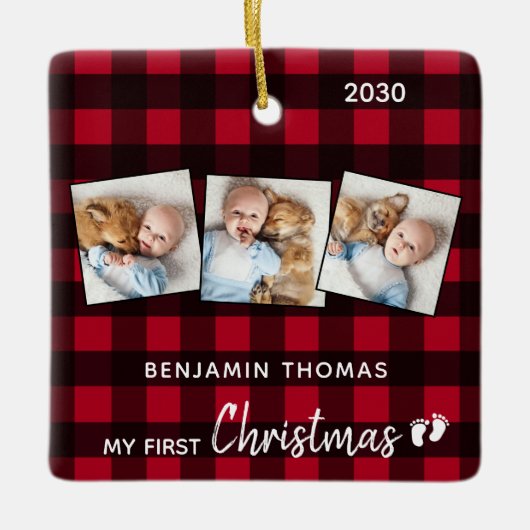 初めてのクリスマスレッドバッファロープレイド3写真ベビー セラミックオーナメント (正面)