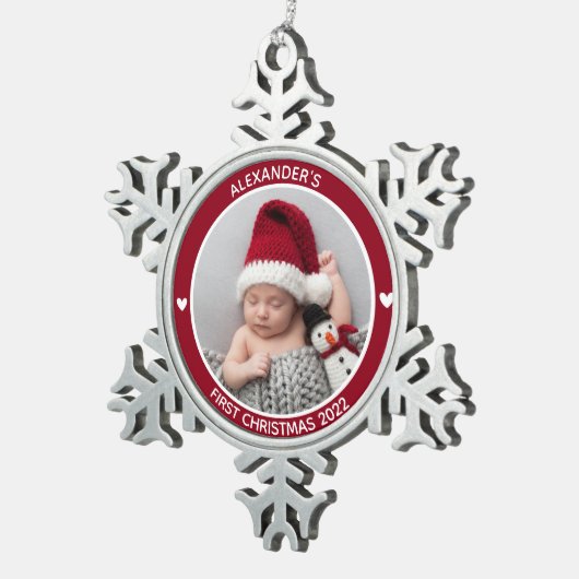 初めてのクリスマスレッドベビー写真パーソナライズされた スノーフレークピューターオーナメント (右)