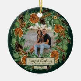 初めてのクリスマスワンフォトパイン素朴リース セラミックオーナメント