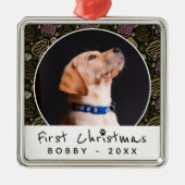初めてのクリスマスワンラインパターンドッグペットフォト メタルオーナメント (正面)