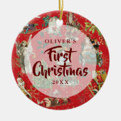 初めてのクリスマスヴィンテージフェスティバル赤い写真 セラミックオーナメント (正面)