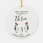 初めてのクリスマス三羽かわいいペンギンの家族 セラミックオーナメント (正面)