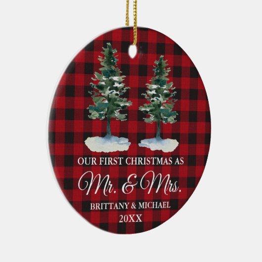 初めてのクリスマス二人の松の赤い格子縞 セラミックオーナメント (右)