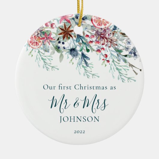 初めてのクリスマス写真白新婚クリスマス セラミックオーナメント (正面)