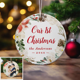 初めてのクリスマス冬のアイボリーフローラリース写真 セラミックオーナメント