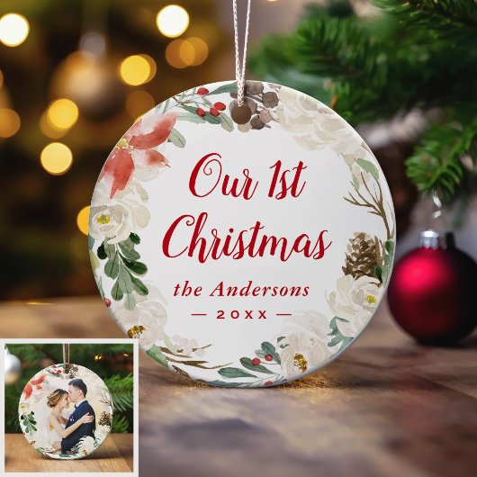 初めてのクリスマス冬のアイボリーフローラリース写真 セラミックオーナメント