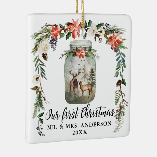 初めてのクリスマス冬のフローラ鹿の写真バック セラミックオーナメント (右)