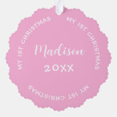 初めてのクリスマス名とベビーフォトパステルピンク オーナメントカード (裏面)