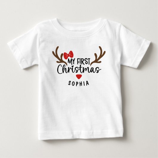 初めてのクリスマス名前の女の子トナカイ ベビーTシャツ (正面)