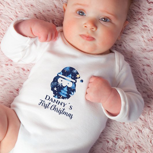 初めてのクリスマス名編集可能サンタクロースブルー ベビーボディスーツ
