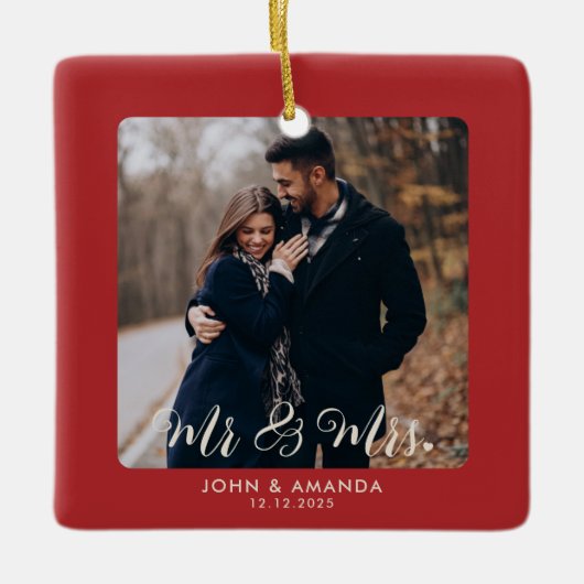 初めてのクリスマス夫妻の写真婚約した セラミックオーナメント (正面)