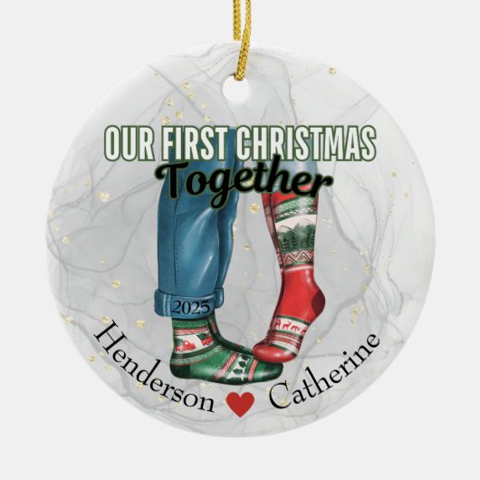 初めてのクリスマス夫婦の靴下 セラミックオーナメント (正面)