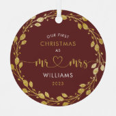 初めてのクリスマス夫婦金ゴールドリース写真 メタルオーナメント (正面)