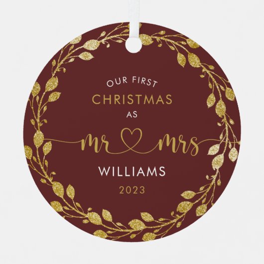 初めてのクリスマス夫婦金ゴールドリース写真 メタルオーナメント (正面)