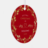 初めてのクリスマス夫婦金ゴールドリース写真 メタルオーナメント (正面右)