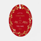 初めてのクリスマス夫婦金ゴールドリース写真 メタルオーナメント (正面左)