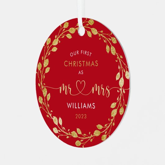 初めてのクリスマス夫婦金ゴールドリース写真 メタルオーナメント (正面左)