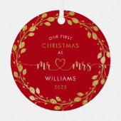 初めてのクリスマス夫婦金ゴールドリース写真 メタルオーナメント (正面)