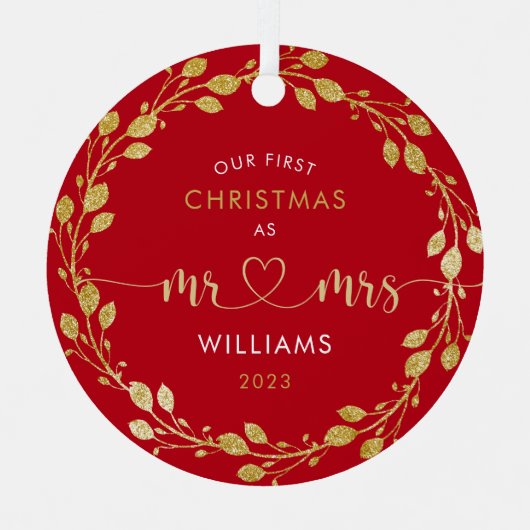 初めてのクリスマス夫婦金ゴールドリース写真 メタルオーナメント (正面)