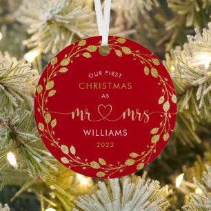 初めてのクリスマス夫婦金ゴールドリース写真 メタルオーナメント