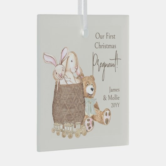 初めてのクリスマス妊娠テディベアとおもちゃバスケット ガラスオーナメント (正面右)