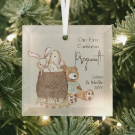 初めてのクリスマス妊娠テディベアとおもちゃバスケット ガラスオーナメント
