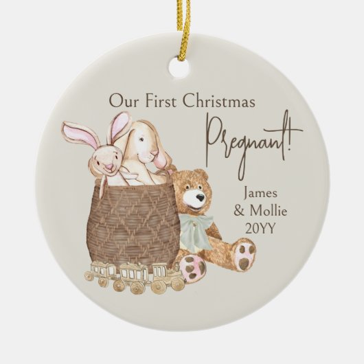 初めてのクリスマス妊娠中のテディベアカスタムの写真 セラミックオーナメント (正面)