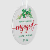 初めてのクリスマス婚約したの水彩ホリーフォトレッド オーナメント (正面)