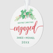 初めてのクリスマス婚約したの水彩ホリーフォトレッド オーナメント (正面)