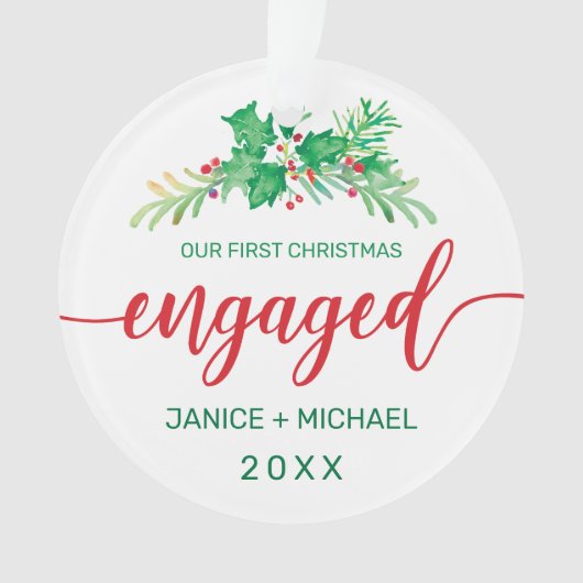 初めてのクリスマス婚約したの水彩ホリーフォトレッド オーナメント (正面)