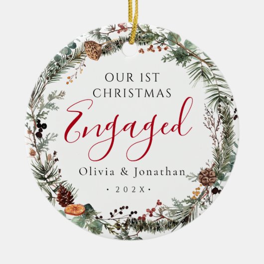 初めてのクリスマス婚約したの緑のリース写真 セラミックオーナメント (正面)