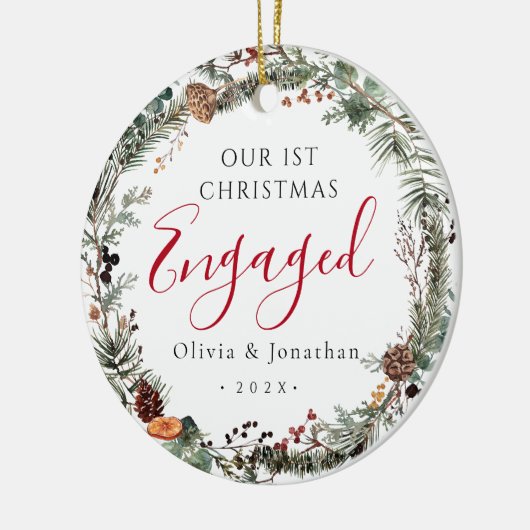 初めてのクリスマス婚約したの緑のリース写真 セラミックオーナメント (左)