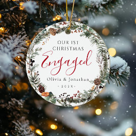 初めてのクリスマス婚約したの緑のリース写真 セラミックオーナメント