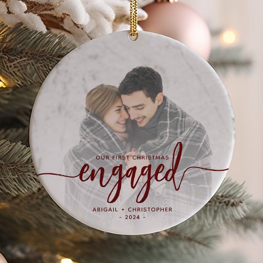 初めてのクリスマス婚約したの赤いスクリプト セラミックオーナメント