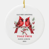 初めてのクリスマス婚約したを合わせた赤深紅色 セラミックオーナメント (裏面)
