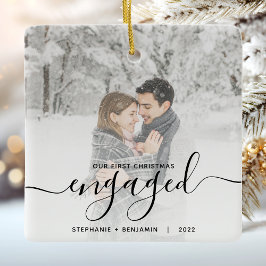 初めてのクリスマス婚約したカスタムフォトブラックスクリプト セラミックオーナメント