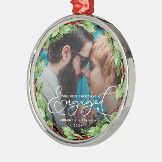 初めてのクリスマス婚約したカスタムフォトメタルまたは名前 メタルオーナメント (左)