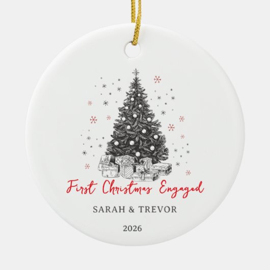 初めてのクリスマス婚約したカスタム白黒 セラミックオーナメント (正面)