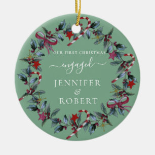 初めてのクリスマス婚約したセージグリーンリース セラミックオーナメント