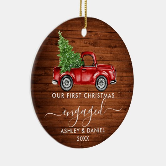 初めてのクリスマス婚約したトラック木材PHOTO セラミックオーナメント (右)