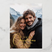 初めてのクリスマス婚約したハッピーカップル写真 箔シーズンカード (正面)