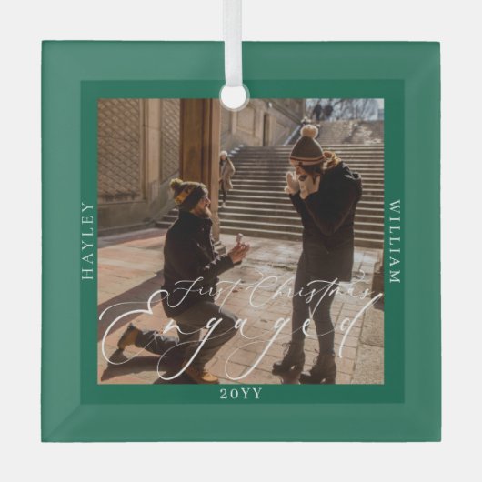 初めてのクリスマス婚約したフォトグリーン ガラスオーナメント (正面)