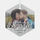初めてのクリスマス婚約したフォトフェイクウッド六角形 ガラスオーナメント (正面)