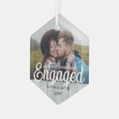 初めてのクリスマス婚約したフォトフェイクウッド六角形 ガラスオーナメント (正面左)